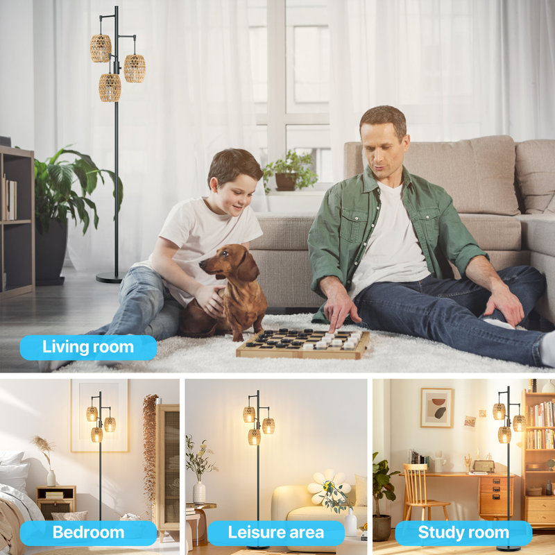 Lampe sur pied à intensité variable Boho, haute 70 po avec 3 abat-jours en rotin et ampoules DEL