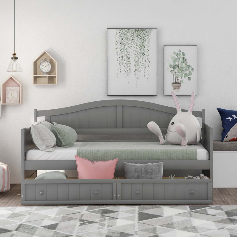 Wooden Daybed With 2 Drawers, No Box Spring Needed, Gray