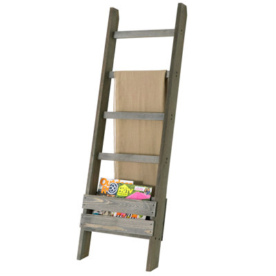 Wooden Blanket Ladder Rack, Farmhouse Gray Towel Holder with Storage Shelf and Magazine Organizer