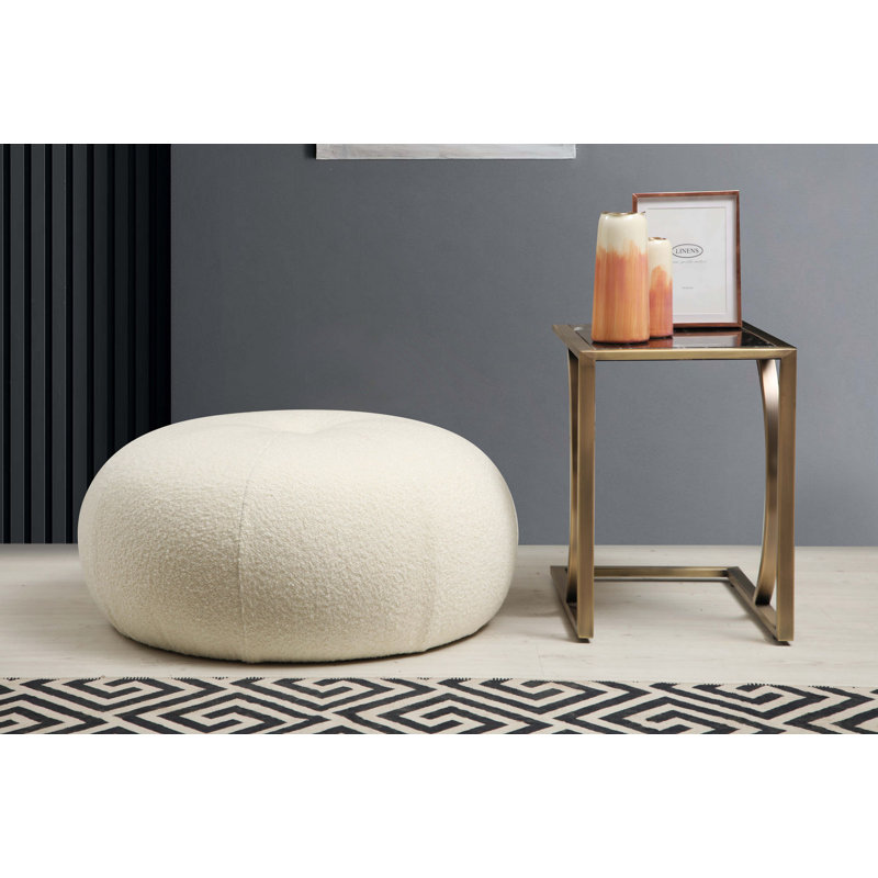 Scandinavian Pouffe with Beech Wood Frame, 21.7 in Diameter x 13.8 in Height | 100% Polyester Bouclet White Fabric, Soft Grey Foam & Feather Cushion | Stylish & Functional Accent for Modern Living Spaces
