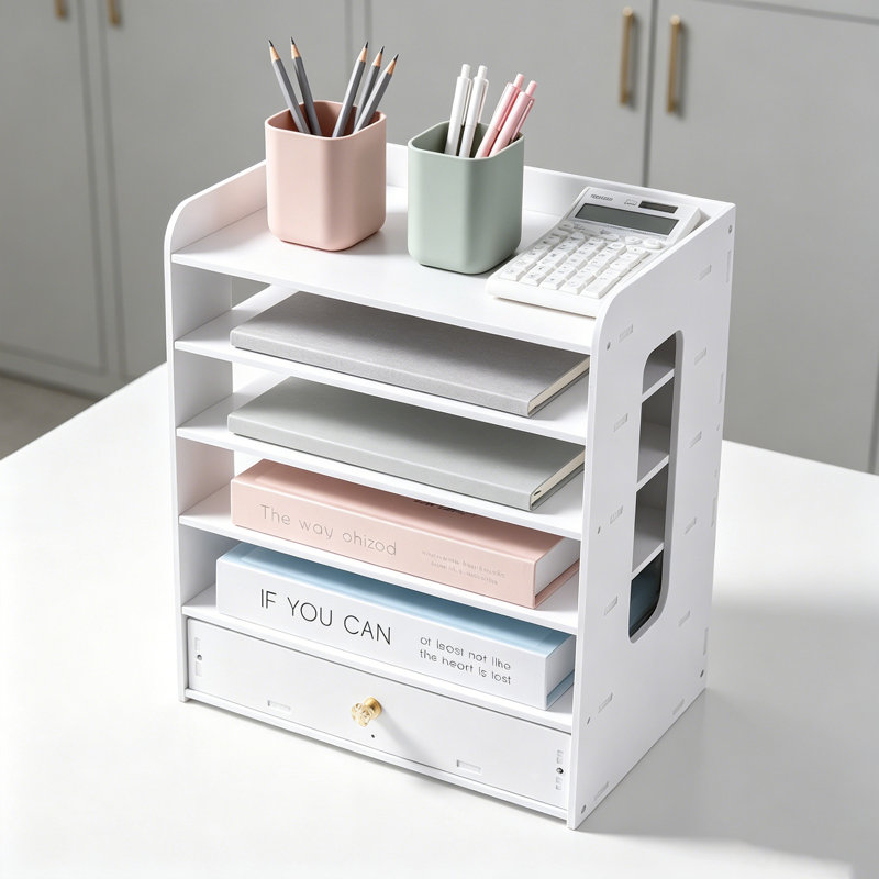 Office Desk Organizer with  4 Section File Holder, Desktop Organizer with Drawer