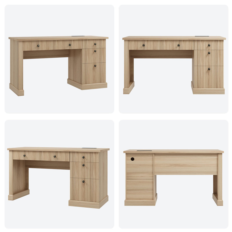 Bureau de direction ondulé ondulé avec tiroirs Wave, bureau à domicile 54 po avec station de charge, Beige
