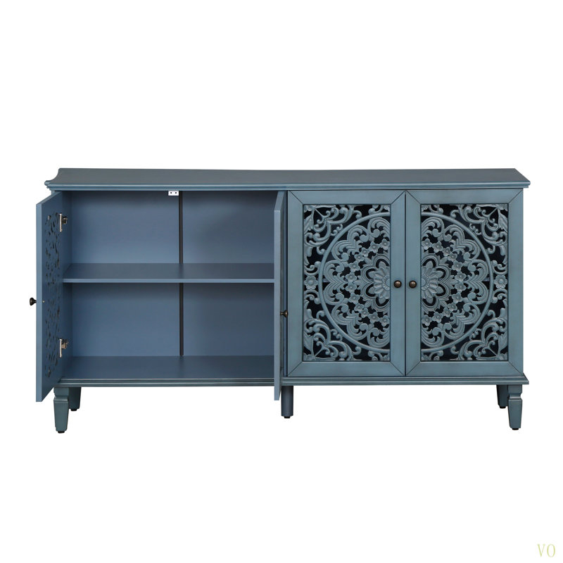 60" Antique Buffet Cabinet With Floral Carvings With Solid Wood Legs Antique Brass Handles Adjustable Shelves, TV Stand For 65''+ TV, Sideboard For Living Room,Dining Room