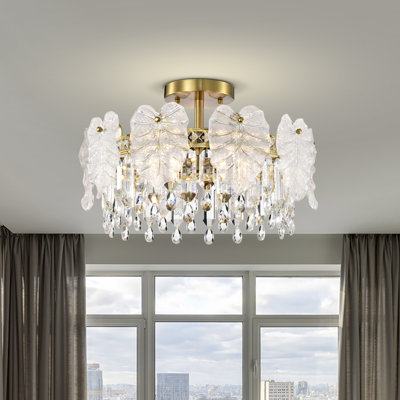 Isamary 5-light Brushed Shiny Brass Leaf-shaped Glass Crystal Flush Mount