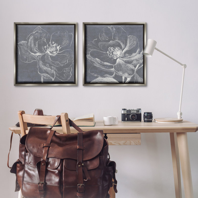 «Chalkboard Magnolia Blossom», ensemble de 2 toiles flottantes encadrées par Lanie Loreth, Cadre flottant gris lustré