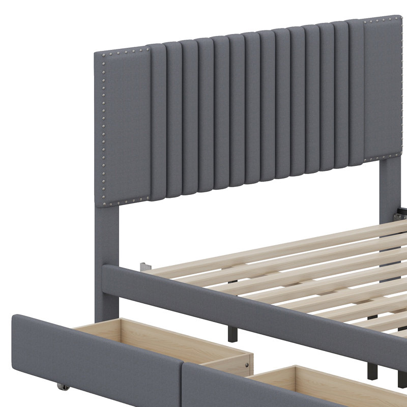 Upholstered Platform Bed with 2 Drawers and 1 Trundle, Classic Headboard Design, Gray, Full/Double