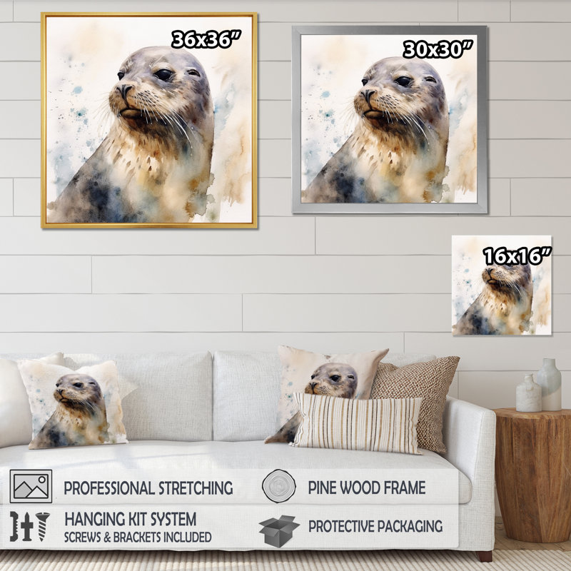 Curieux otarie II sur toile, Cadre simple blanc, H 30 po x l 30 po x P 1 po