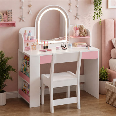 Bureau de coiffeuse pour enfants avec miroir à DEL, fauteuil et bloc d'alimentation