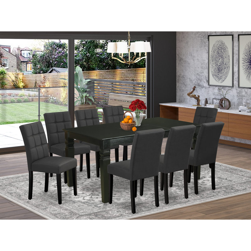 9 Piece Dinner Table Set Consist of a Dining Table and 8 Dark Navy Blue Faux Leather Wood Chairs with Stylish Back- Black Finish