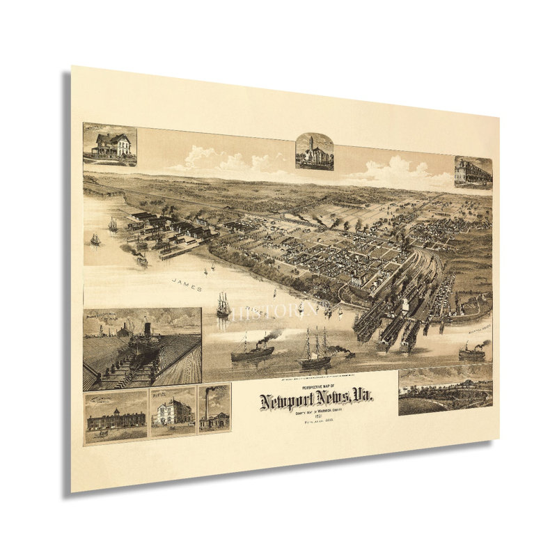 1891 Newport News, carte de la Virginie, H 18 po x l 24 po x P 0,01 po