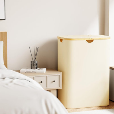 Double Laundry Hamper 2 Section With Lid And Removable Laundry Bags, 160L Clothes Basket With Bamboo Handles, Large Collapsible Hamper For Bedroom, Bathroom, Dorm, Laundry Room - Beige