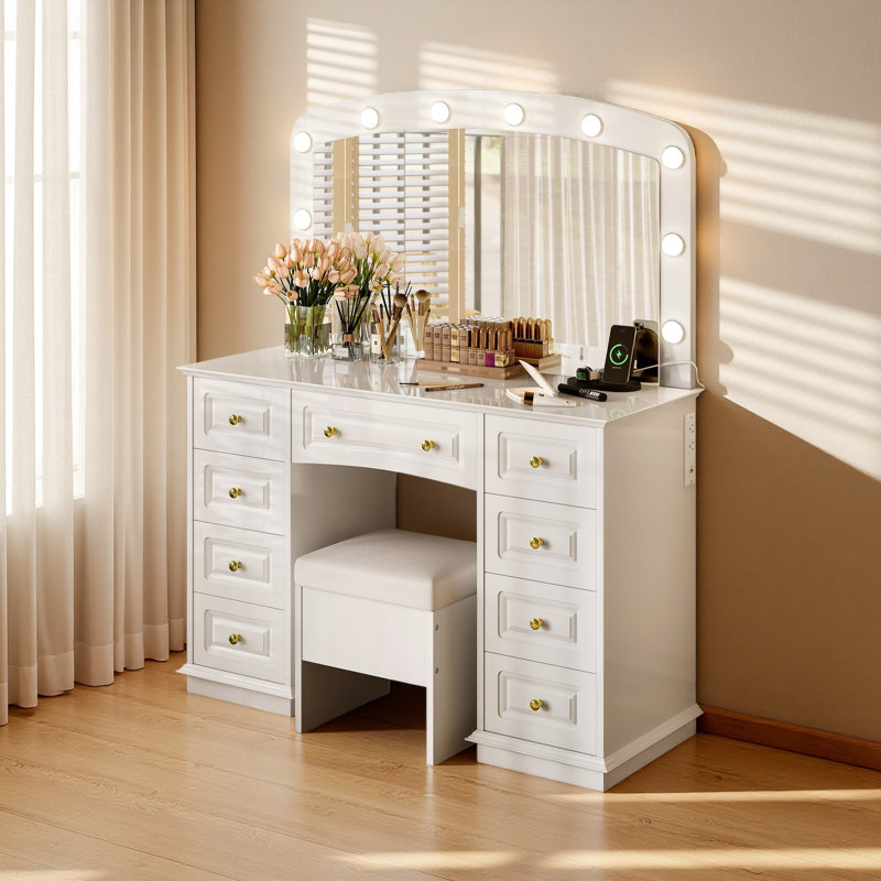 Meuble-lavabo luxueux avec 10 ampoules Hollywood, 3 modes d'éclairage couleur, une coiffeuse classique avec tabouret rembourré et 9 tiroirs de rangement pour la chambre à coucher