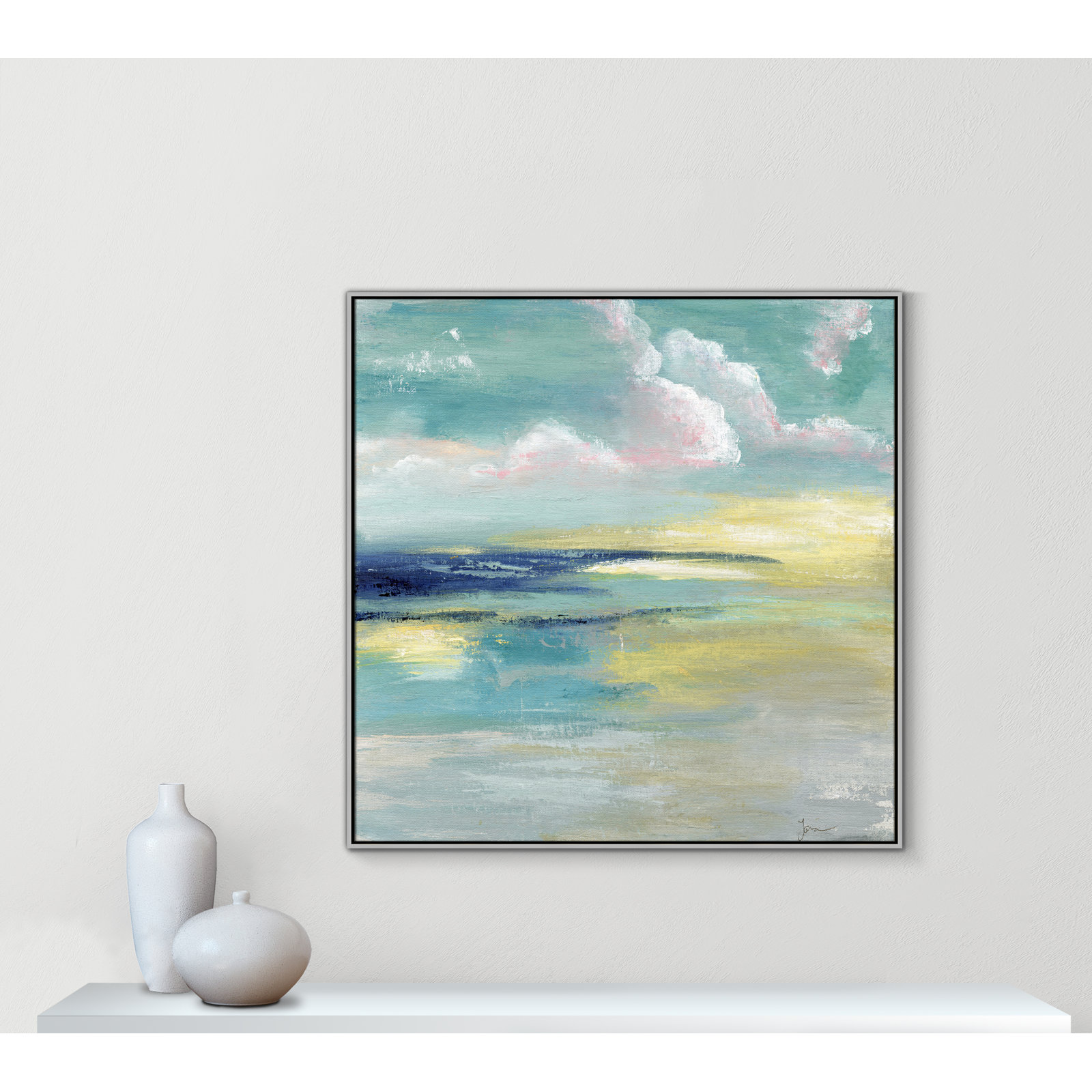Bertie "Ocean View" Painting by Tava Studios, 46.5" H x 46.5" W x 2" D, Silver Framed Canvas