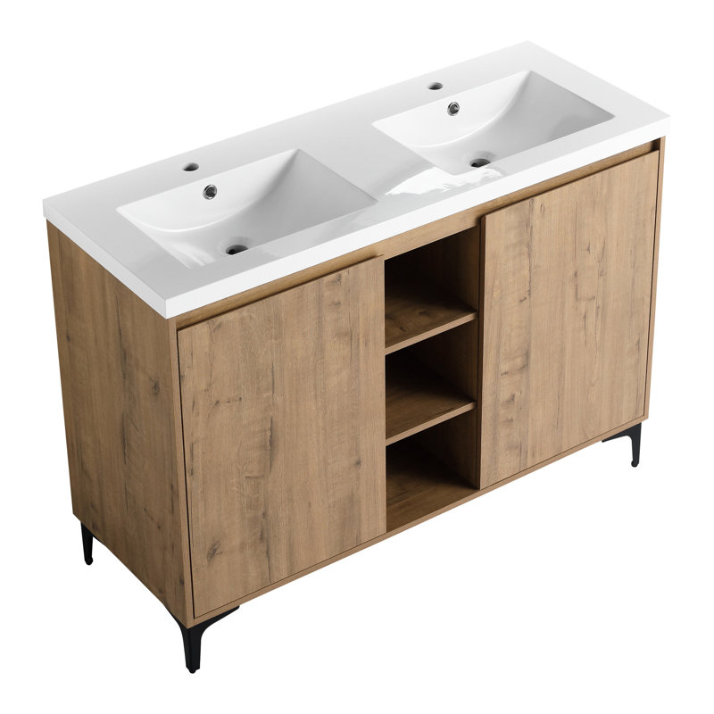 Meuble-lavabo autoportant avec lavabo double 48 po - Élégance moderne, porte, rangement spacieux, lavabos en résine, chêne d'imitation, charnière de porte d'armoire en contreplaqué, abondante