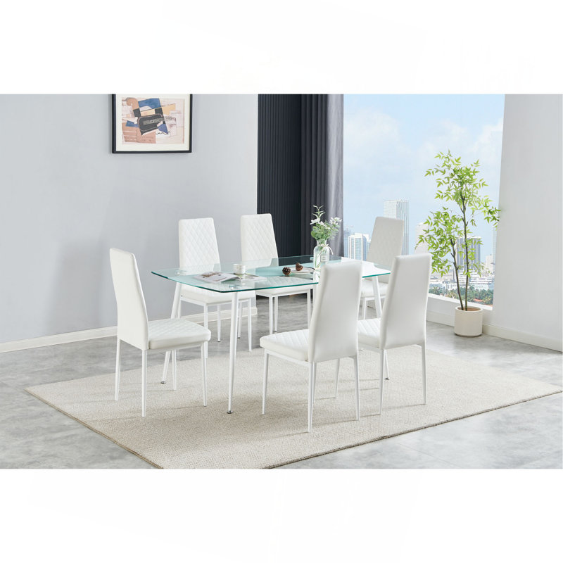 Table de salle à manger blanche, 7 pièces : table, 6 chaises