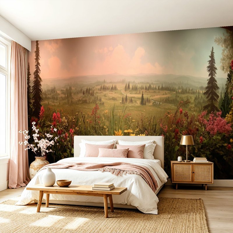 Papier peint adhésif pelez et collez Serene Wildflower Field, Forest View, brouillard doux, art mural, 99.6" L x 144" W