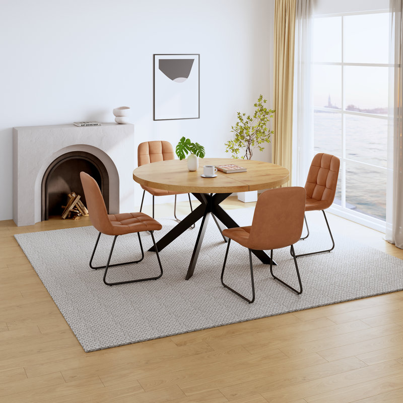 46.4" Round Table Set Of 4 , Modern Kitchen Table Set, Mdf Dining Table With Dining Chairs, Brown