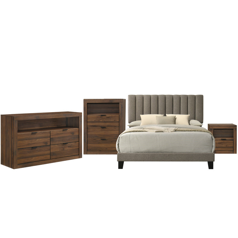 Ensemble de chambre à coucher 4 pièces, Walnut, Ensemble de 4 pièces : lit, table de chevet, comm, Queen