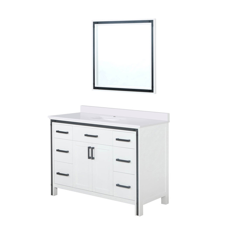 Dark Grey Bath Vanity 48 in. W x 22 in. D, White Quartz Top and 34 in. Mirror, White