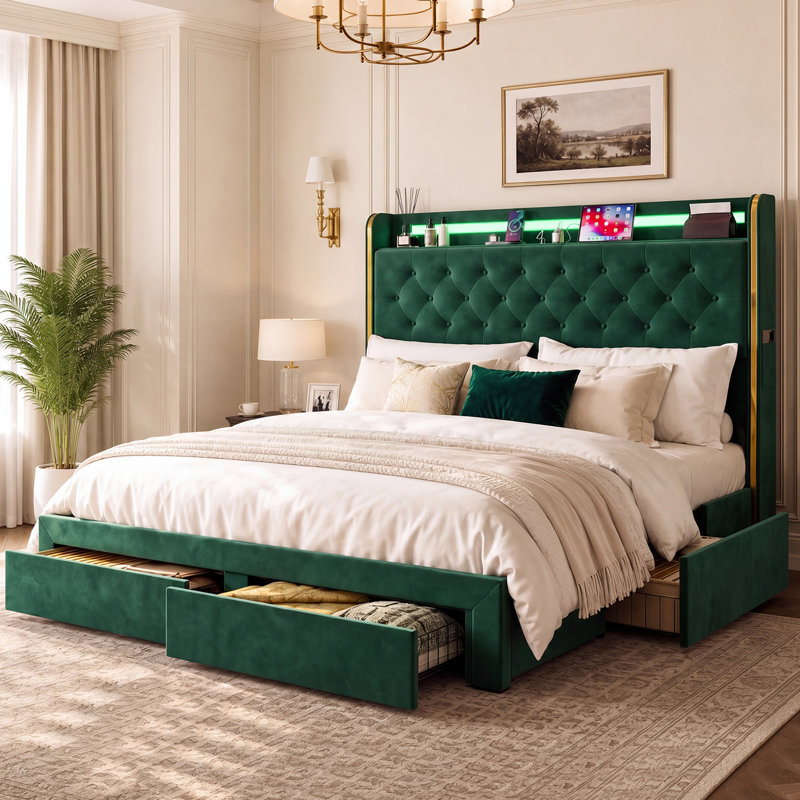 Base de lit très grand californien avec tête de lit à rangement et 4 tiroirs, lit plateforme très grand en velours de 49,2 po avec tête de lit à oreilles Cal, tête à DEL et station de charge, sans sommier, lattes en bois massif, silencieux, vert