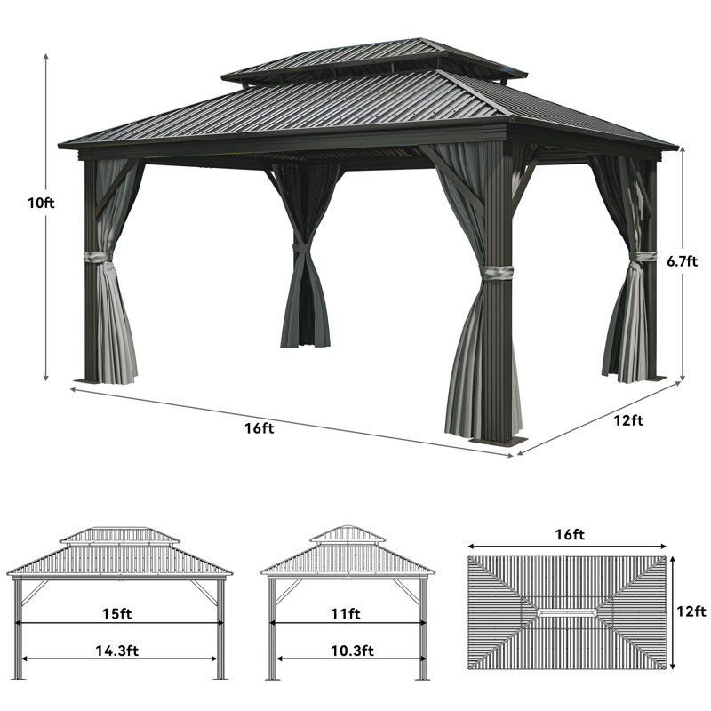 Outdoor Metal Hardtop Patio Gazebo with Privacy Curtain and Mosquito Netting, 16 ft x 12 ft