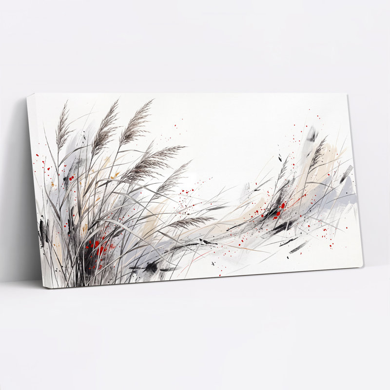 Art mural sur toile avec de grandes herbes noires et blanches avec des accents rouges, 46"W x 24"H