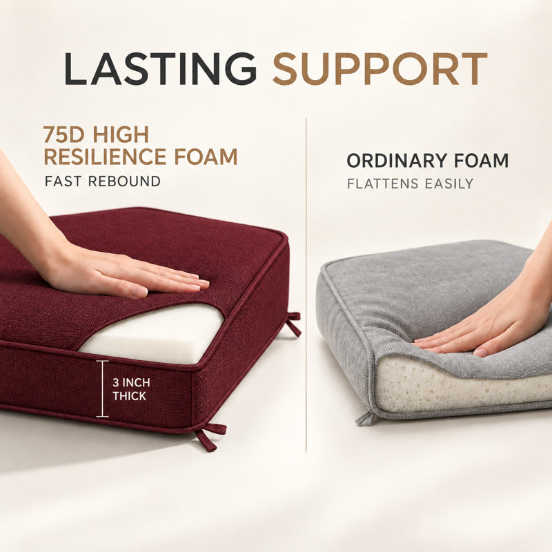 Coussin de banc sur mesure de 7,6 cm de hauteur avec double passepoil et 2 attaches pour coussin, pour sièges d'intérieur et d'extérieur.