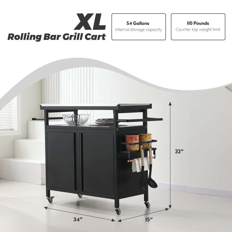 Rolling Bar Grill Cart Outdoor Patio Furniture, Outdoor Grill Table With Stainless Steel Top For Kitchen Prep And Outdoor Storage Cabinet For Grilling Accessories, Black