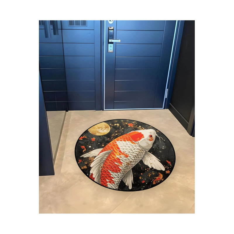Koi Fish Patterned Woven Base Modern Decorative Carpet, Round 4'