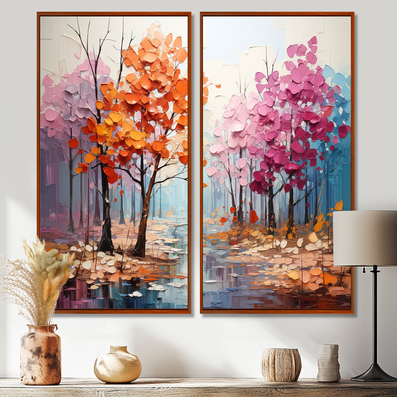 Orange, rose, Neo Primal Forest Collage - Art mural traditionnel, 40" H x 40" W, Impression encadrée flottante, Brown