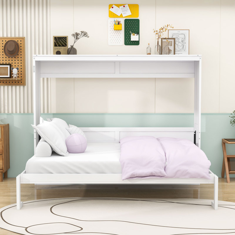 Armoire murale Murphy avec lattes et pieds, Blanc, Grand lit