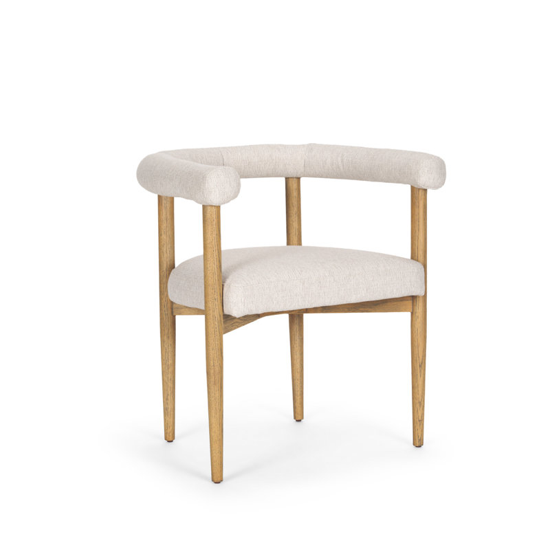 Chaise rembourrée beige et brune avec dossier ouvert en bois massif