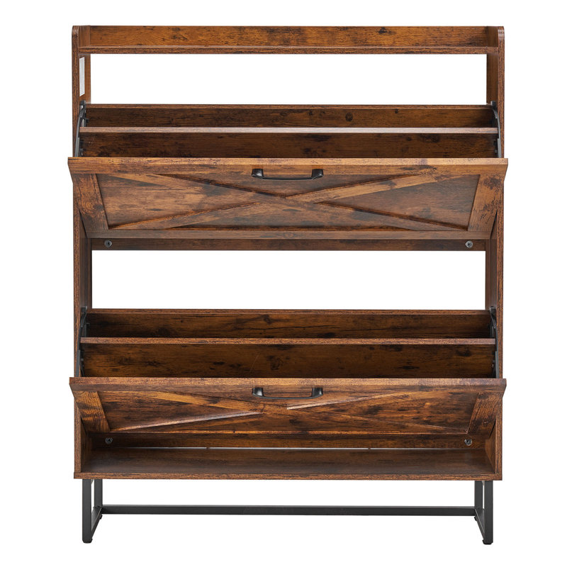 Shoe Cabinet With 2 Flip Drawers, Farmhouse Shoes Storage Cabinet With Metal Legs And Anti-Tipping Device, Freestanding Shoe Organizer Ideal For Entryway
