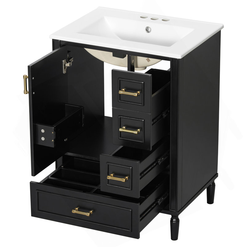 Meuble-lavabo moderne de 24 po avec lavabo en céramique, porte à fermeture douce, 3 tiroirs, poignées dorées et support de porte pour un rangement peu encombrant