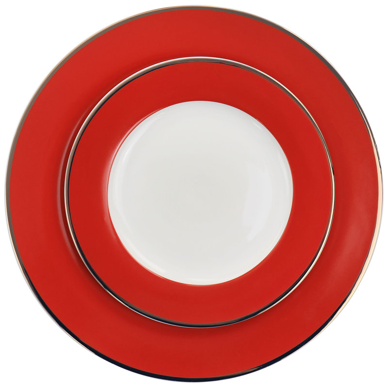 Red and Gold Rimmed 12-Piece Ceramic Dinnerware Set