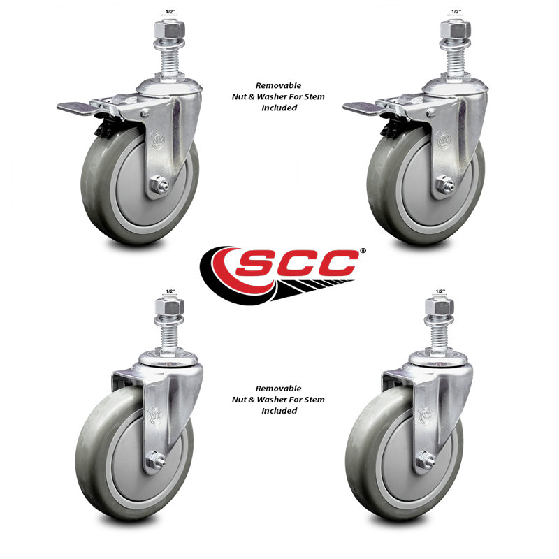 5 Inch SS Gray Polyurethane ½ Inch Threaded Stem Caster Set 2 Total Lock Brake