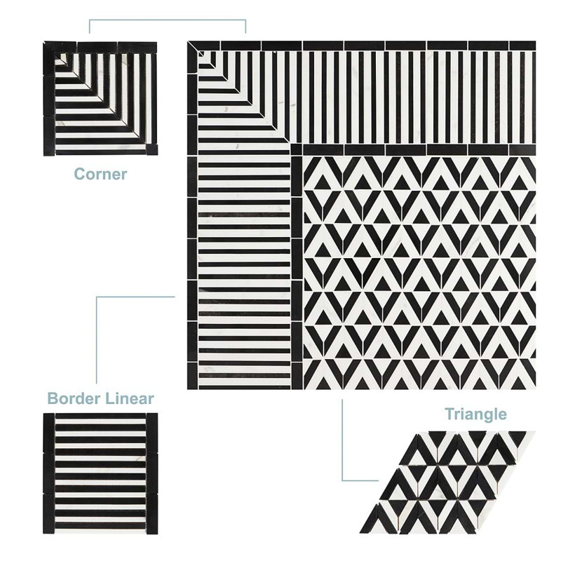 Monroe 8x8 Triangle Polished Marble Mosaic Tile, Black/White
