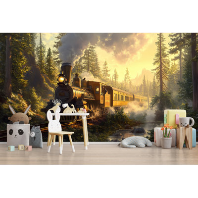 Papier peint Golden Hour Train Journey - rétro machine à vapeur dans les montagnes ensoleillées de la forêt, paysage romantique, art de voyage