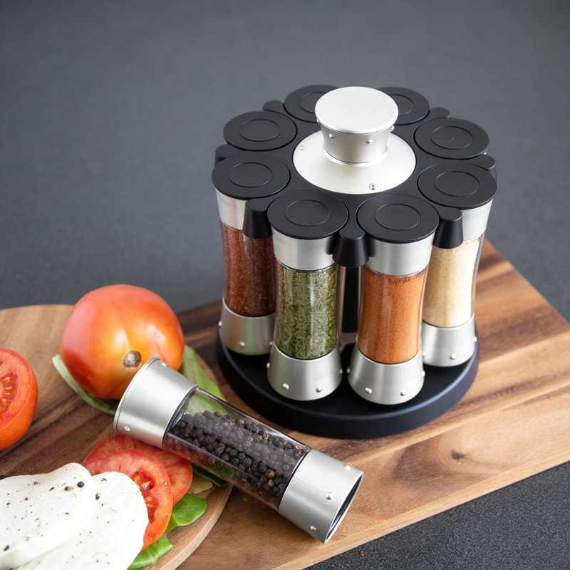 Spice Rack Organizer With Auto-Measure Function, Rotating Carousel Base, Includes 8 Plastic Jars And Labels For Kitchen Cabinet Storage
