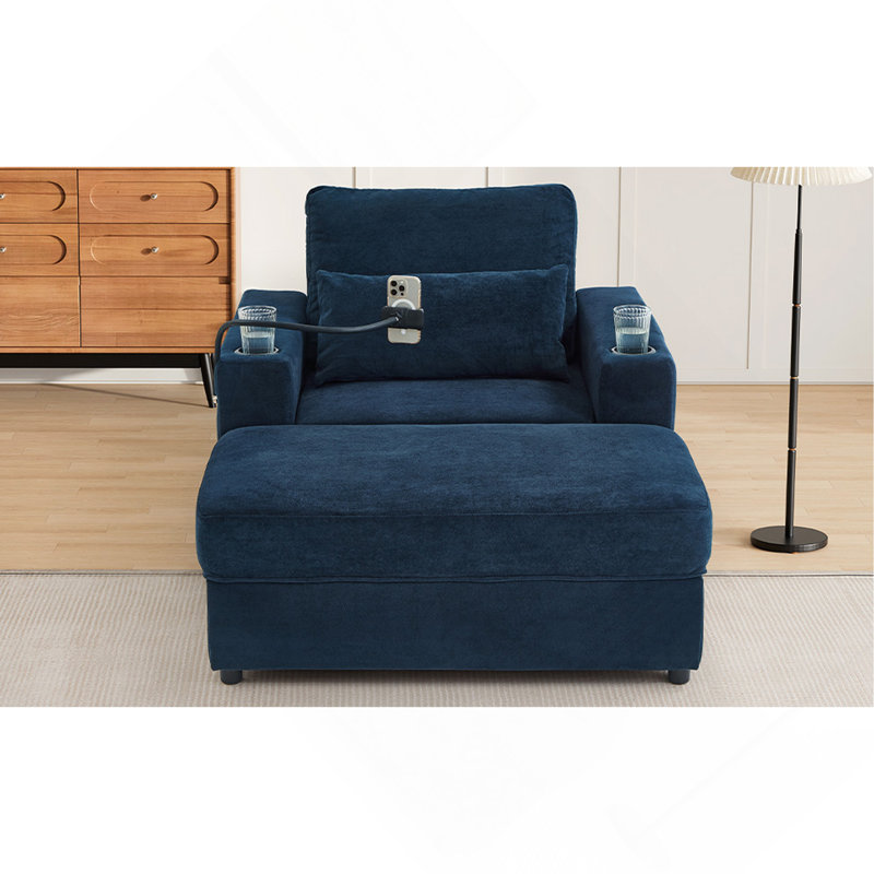 Fauteuil de style moderne avec fauteuil de 42,5 po avec repose-pieds mobile, deux ports USB, deux porte-gobelets, un porte-téléphone et des poches latérales pour le salon, bleu