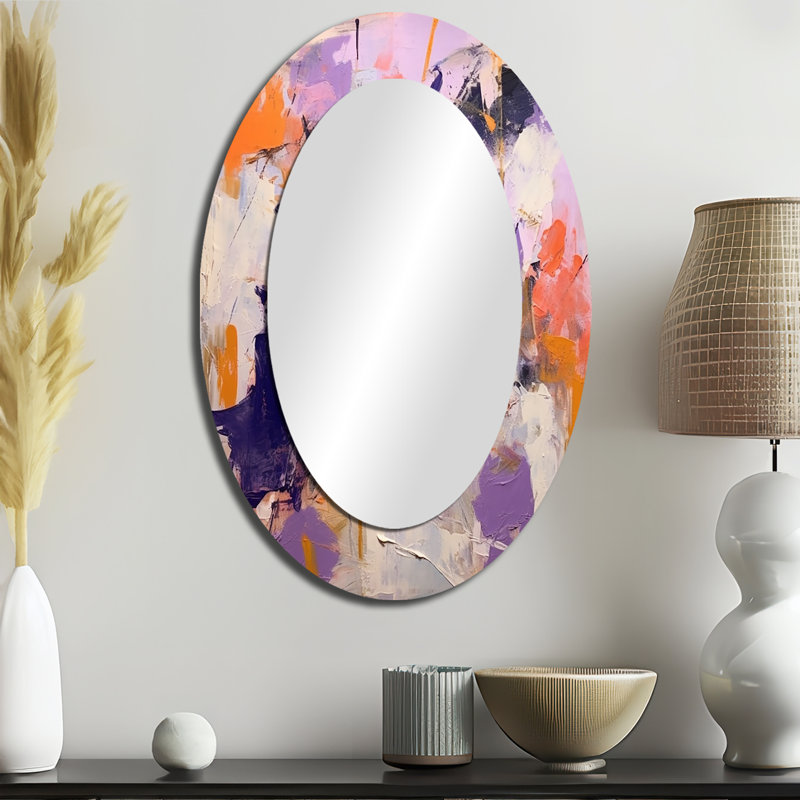 Poetic Expressionism In Purple And Orange I - Abstract Oval Decorative Mirror On Metal, 36" x 24"