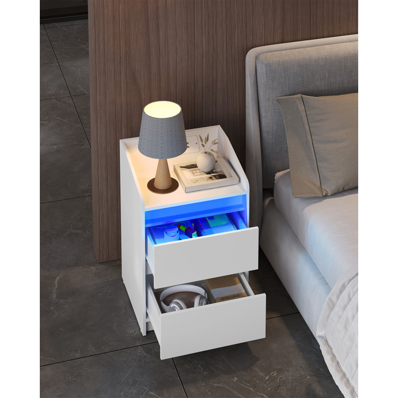 Bedside Table with LED Lights, Bedside Cabinet with Charging Station and 2 Drawers, Nightstand with USB Ports & Power Outlet, Nightstand for Living Room and Bedroom 