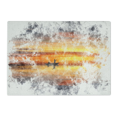 Tempered Glass a Boat at Sunset Watercolour Chopping Board