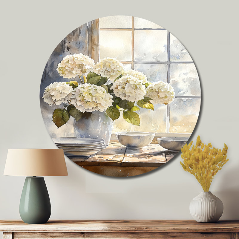 Hortensias dans le coin-repas I - décoration murale ronde en métal hydrangées, H 36 po x l 36 po