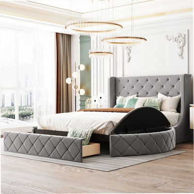 Lit plateforme tapissier en velours avec tête de lit à oreilles, 1 grand tiroir et 2 tabourets de rangement latéraux