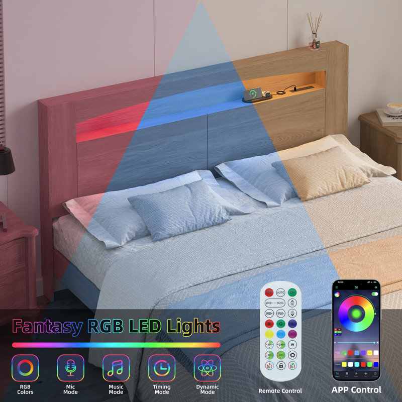 Queen Size Wooden Storage Headboard - RGB LED Lights with Remote Control, Charging Station, Open Shelves & Hidden Storage, Modern Bedroom Ambiance (Oak)