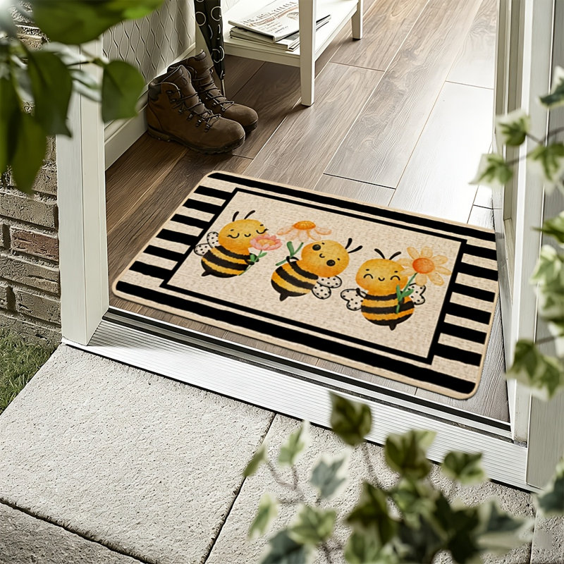 Tapis d'été 43 x 74 cm, motif abeille et fleurs, rayures noires, antidérapant, dos en caoutchouc, décoration saisonnière pour l'intérieur et l'extérieur.