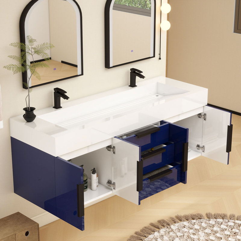 Jessica 60'' Wall-Mounted Single Bathroom Vanity, Navy Blue