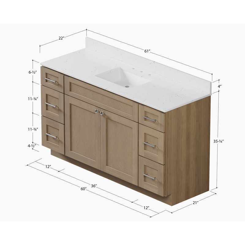 Meuble-lavabo simple 61 po avec comptoir en quartz Carrara, Chêne naturel