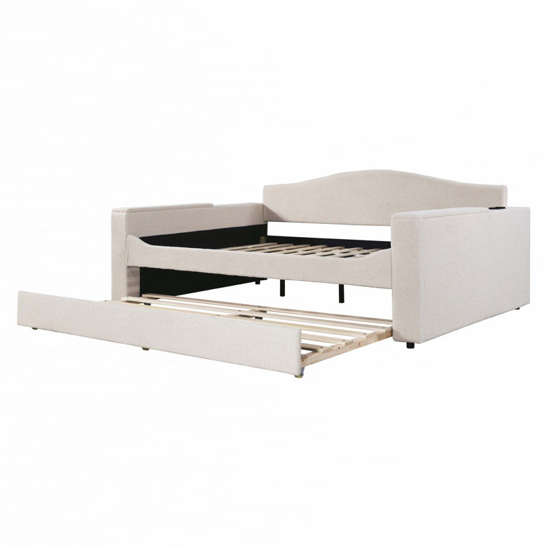 Upholstered Daybed with Storage Armrests, Trundle and Latest Integrated Bluetooth Audio System, Beige, Full/Double